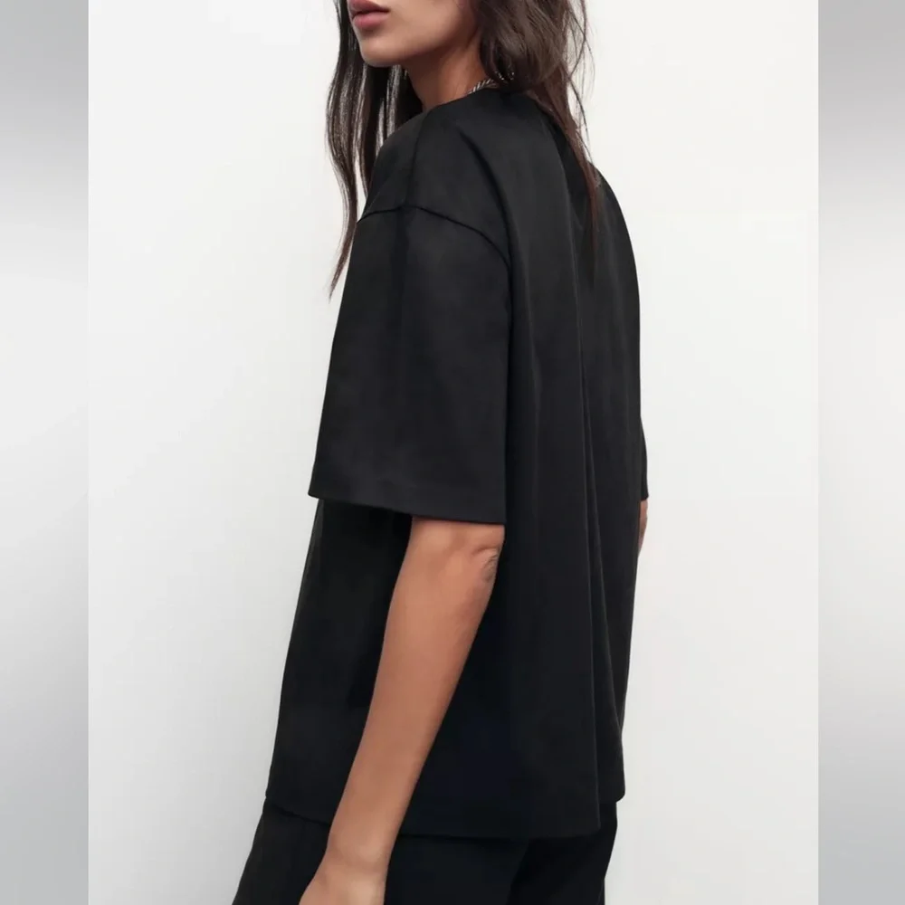 Zara NWT 2 piece matching SET black faux suede tee shirt & wide leg pants